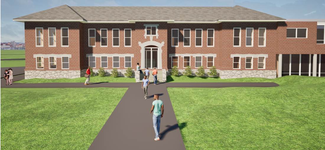 Architectural vision: restored historic facade and community walkway