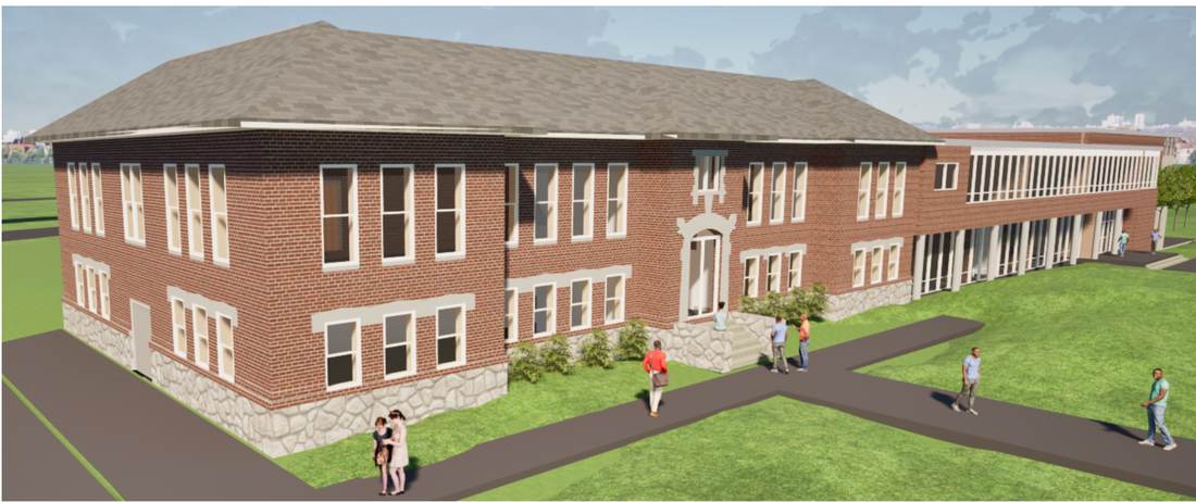 Architectural vision: restored Attucks campus from an elevated angle
